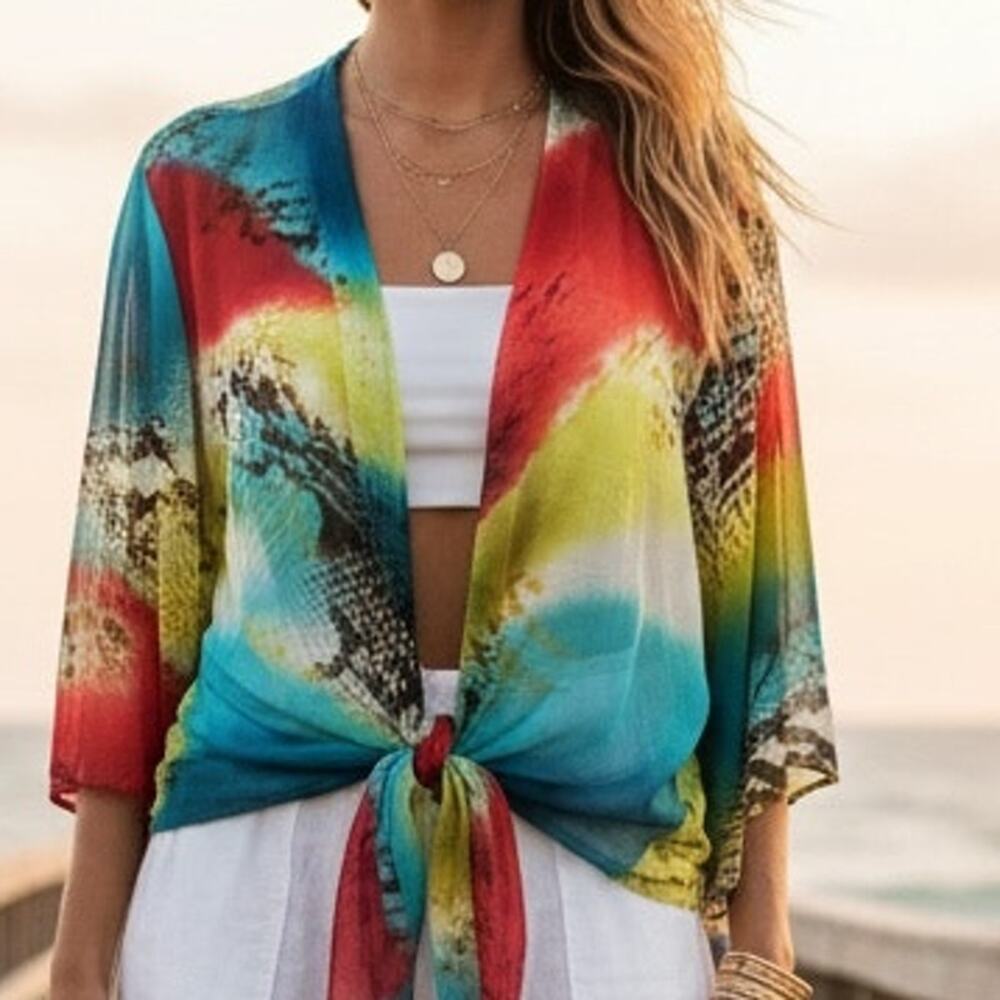 Chenault Kimono Teal and Coral Animal Print OS